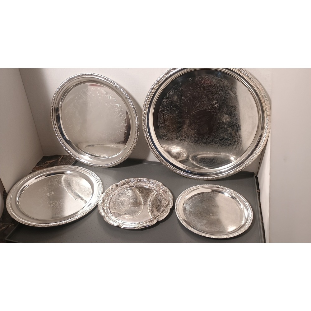 Vintage Silver Plated Round Etched Serving Trays Set of 5 Silver Traditional